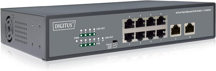 DIGITUS Fast Ethernet PoE+ Switch - 19 Zoll - 8 Ports + 2X Uplink RJ45 - IEEE802.3af/at - 120W Power
