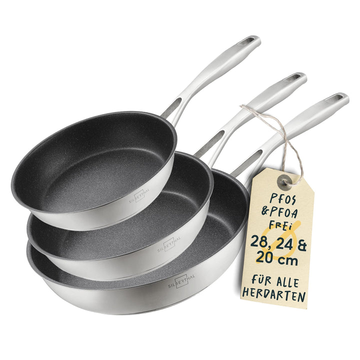 SILBERTHAL Bratpfannen Set 3 teilig - Edelstahlpfanne Beschichtet - 20, 24 und 28 cm - Induktionsgee