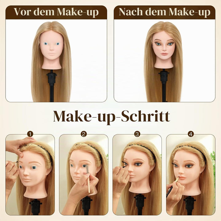 Neverland Frisierkopf Übungskopf mit Ständer 60% Echthaar Puppenkopf zum Frisieren Trainingsköpfe fü