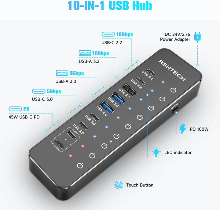 RSHTECH 10 Ports USB C Hub mit Netzteil - 3 USB 3.2 Gen 2 (2 Type C*1 Type A), 4 USB 3.0 (2 Typ C*2