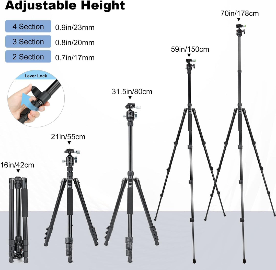 Koolehaoda Kamerastativ, 177,8 cm, faltbares Aluminium-Stativ, leichtes Reisestativ für Kamera mit 3