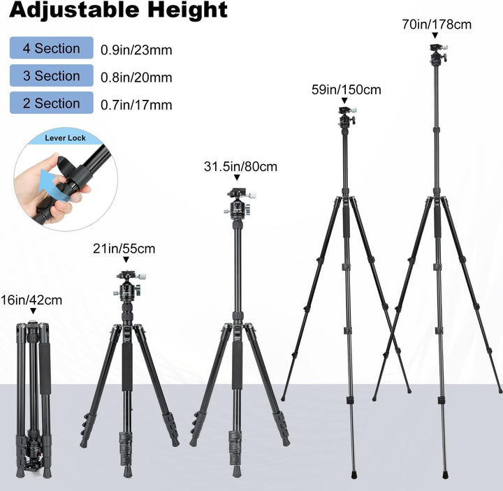 Koolehaoda Kamerastativ, 177,8 cm, faltbares Aluminium-Stativ, leichtes Reisestativ für Kamera mit 3