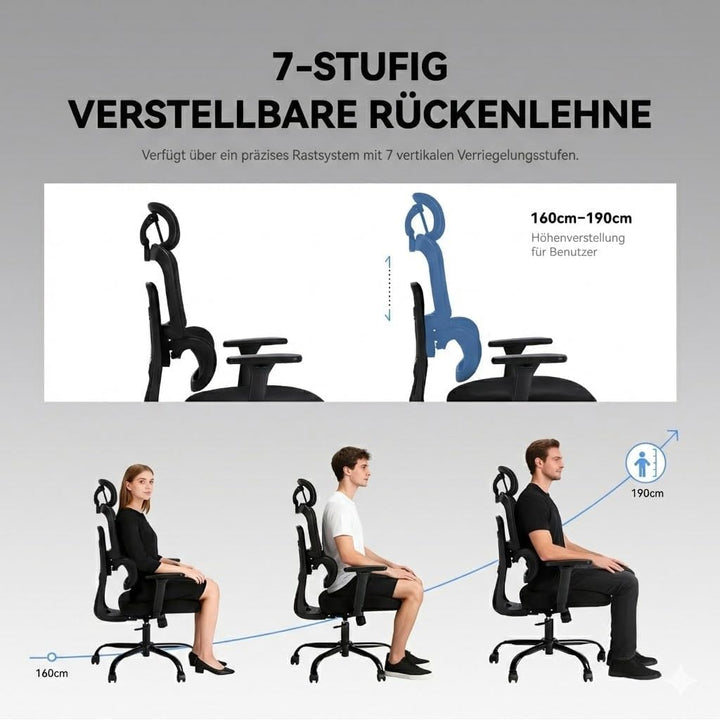 MUSSO E600AIR Ergonomischer Bürostuhl, hohe Rückenlehne, Heimbürostuhl mit adaptiver Lendenwirbelstü