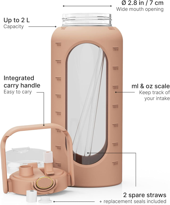 spottle Glasflasche 2 Liter - Trinkflasche 2L Glas mit Strohhalm - Grosse Wasserflasche mit Schutzhü