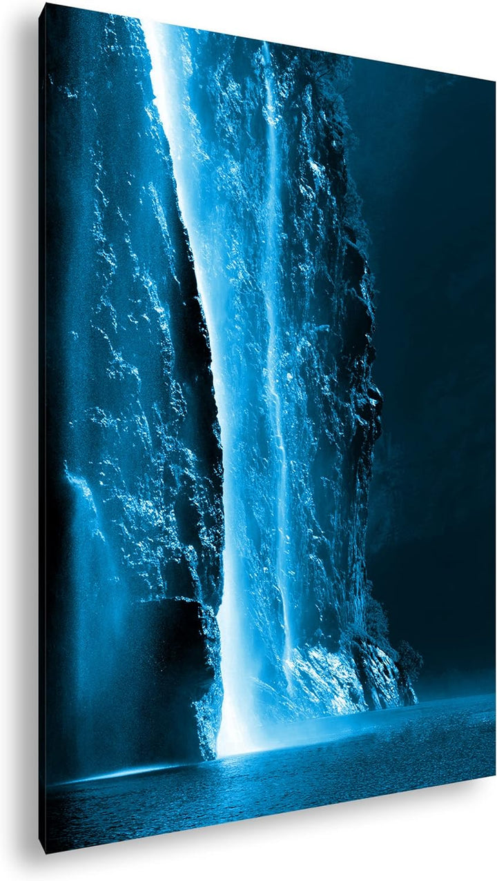 deyoli gigantischer Wasserfall Format: 100x70 Effekt: Monocrome Blau als Leinwand, Motiv fertig gera