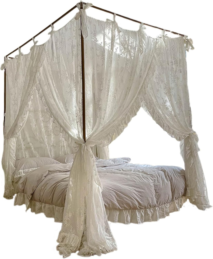 Himmelbett-Vorhänge, dreifach zu öffnender Spitzen-Prinzessinnen-Betthimmel, 4 Eckpfosten-Hängevorhä