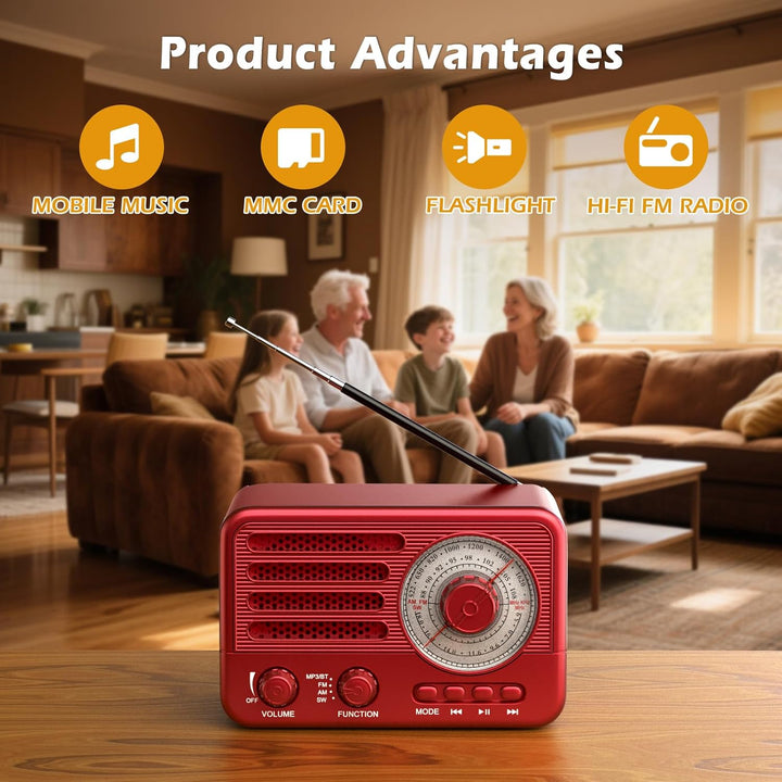 Retro Transistor Radio, Battery Operated AM FM SW Radio, Small Rechargeable Portable with 1800mAh Li