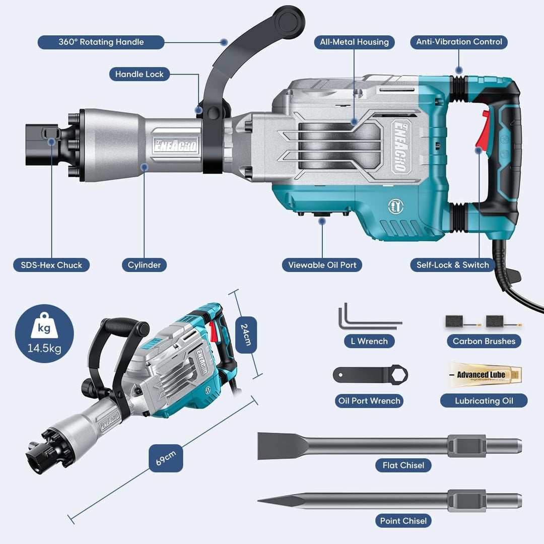 ENEACRO Abbruchhammer 1700W SDS-Hex Stemmhammer, 65 Joule Hochbelastbar Beton Brecher, Anti-Vibratio