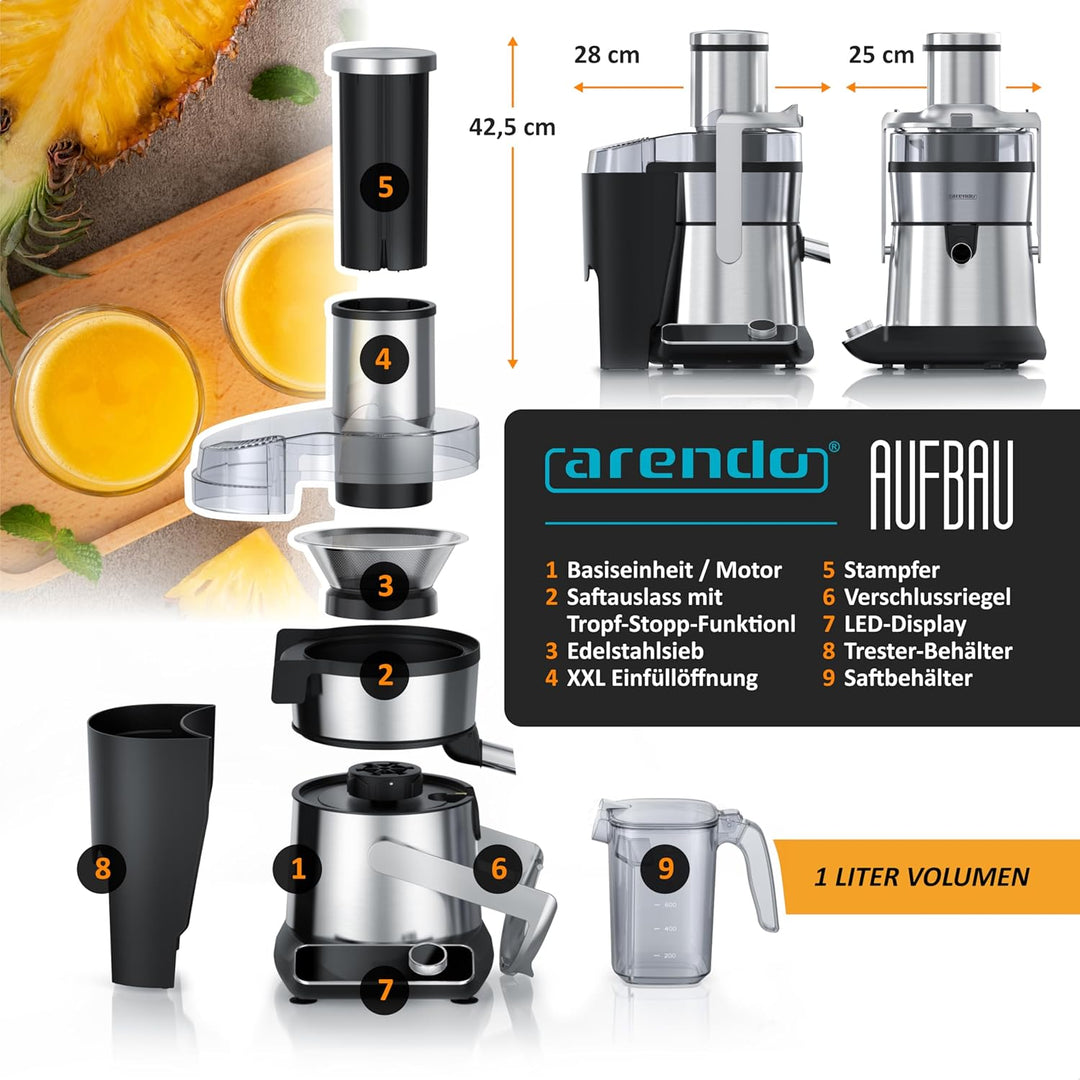 Arendo - Entsafter digital mit Display - 1 Liter – 1000 Watt – XXL Einfüllschacht – LED Display - Fa