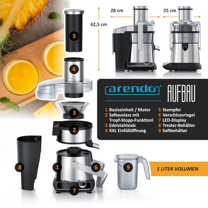 Arendo - Entsafter digital mit Display - 1 Liter – 1000 Watt – XXL Einfüllschacht – LED Display - Fa