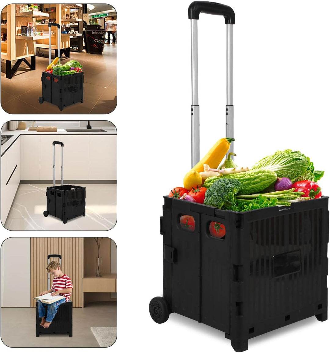 Einkaufstrolley Klappbar, mit neigbarer Teleskopgriff & Deckel, 2 x Rollen, bis 25 kg, 45 Liter Kist
