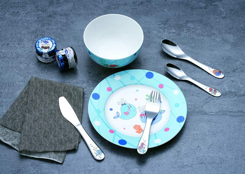 Exzact Besteck Geschenkset 6 Stücken aus Edelstahl/Kindergeschirr - 1 x Schale, 1 x Teller, 1 x Tafe