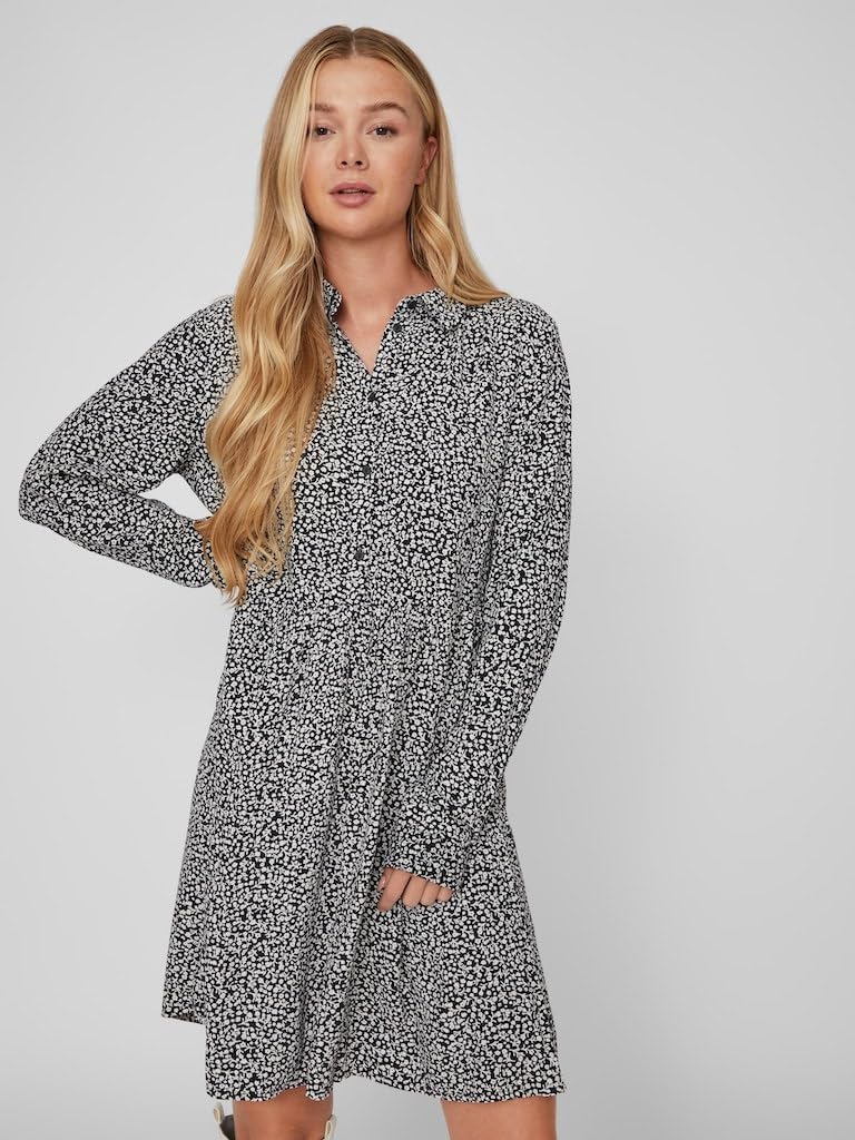 Vila Damen Vifini L/S Shirt Su-Noos Dress 34 Black/Aop:lilia, 34 Black/Aop:lilia