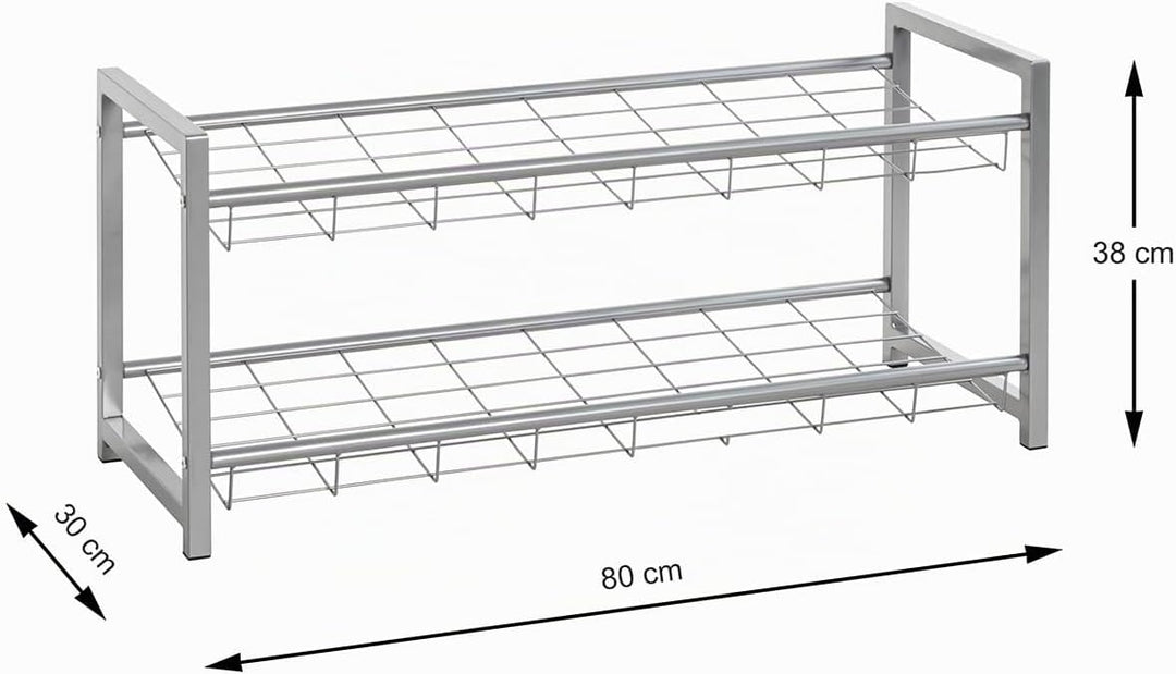 HAKU Schuhregal Metall alufarben 2 Ablagen Stahlrohr Schuhablage Shoe Shelf - Masse: B 80 x H 38 x T