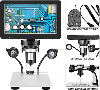 Professionelles Mikroskop 7 Zoll 1200 x 12 MP Digitales Mikroskop mit drehbarem HD-Display/8 LED-Leu