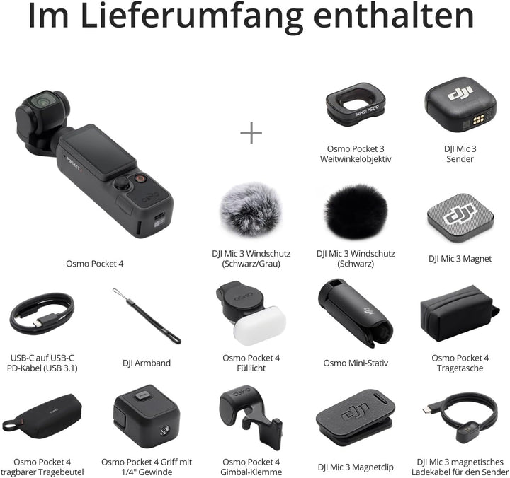 DJI Osmo Pocket 4 Kreativ Combo, Pocket-Gimbal-Vlog-Kamera, 1″ CMOS und 4K/240fps, 3-Achsen-Stabilis