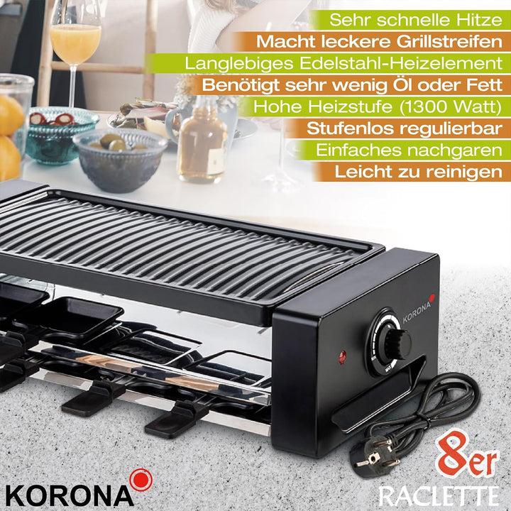 Korona 45070 Raclette für 8 Personen | 8 Pfannen & Spatel | Extra Pfannenablage | Mit antihaftbeschi