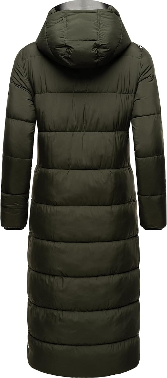 Navahoo Damen Wintermantel Warmer Steppmantel lang mit Abnehmbarer Kapuze Isalie XS-XXL XL Dark Oliv