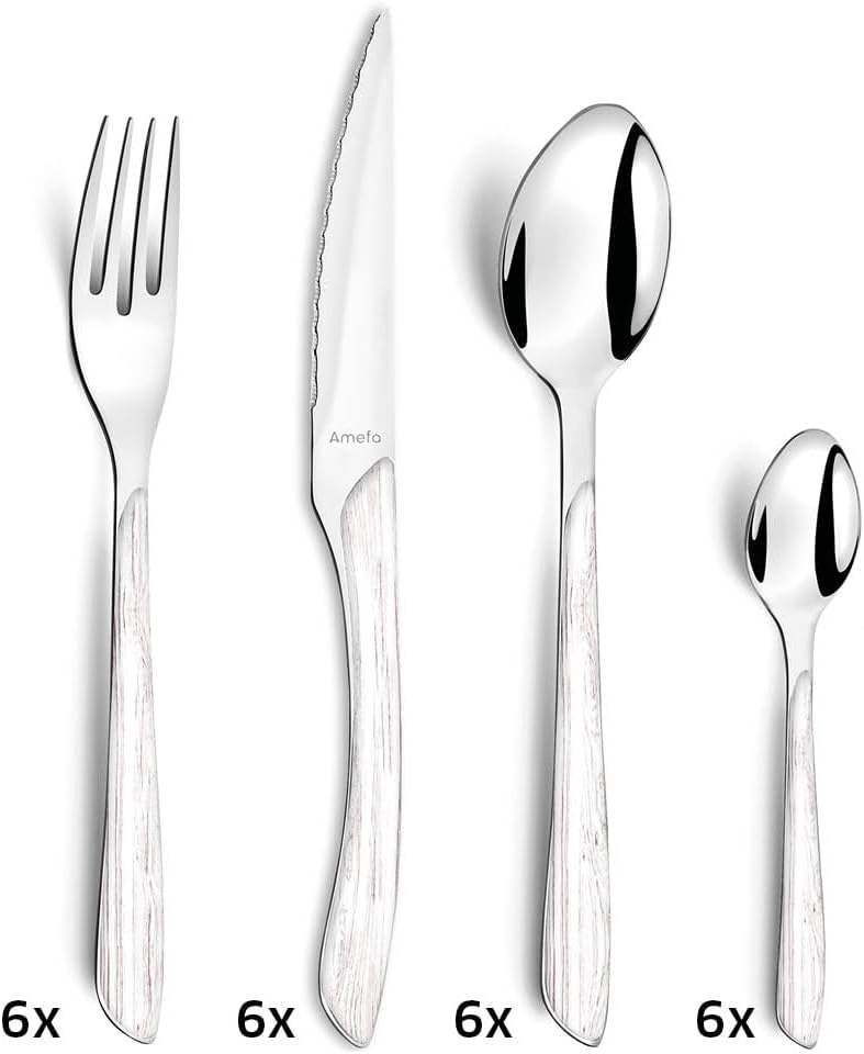 Amefa ECLAT Besteck Set | NATURE Weiss Holz | Essbesteck 24-teilig für 6 Personen | Edelstahl rostfr