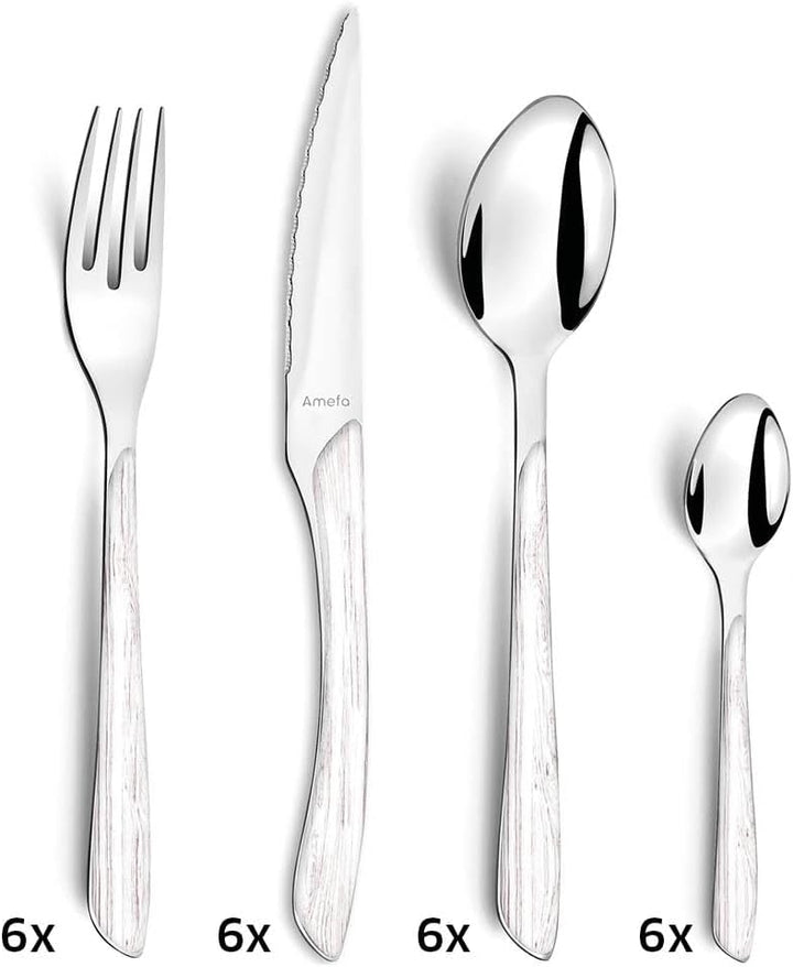 Amefa ECLAT Besteck Set | NATURE Weiss Holz | Essbesteck 24-teilig für 6 Personen | Edelstahl rostfr
