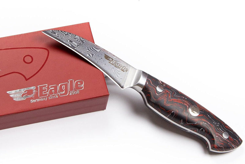 Eagle U-Grip - Tourniermesser 8 cm - Voll-Damaststahl 108 Lagen/Heftschalen: G10 schwarz-rot-weiss V