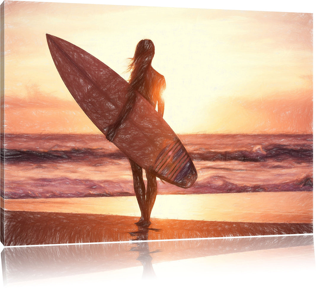 Pixxprint Surferin vor Sonnenuntergang als Leinwandbild/Grösse: 100x70 cm/Wandbild/Kunstdruck/fertig