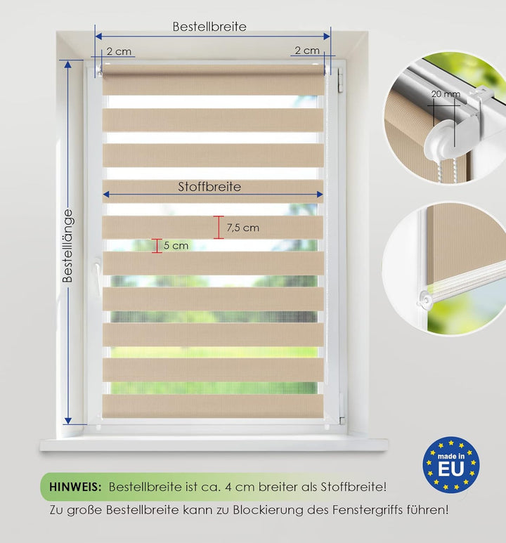 Rikmani Doppelrollo Fensterrollo ARD Duo-Rollo Klemmfixierung Zebrarollo Seitenzugrollo ohne Bohren,