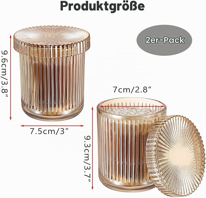 2 Stück Glas Wattepads Box Wattestäbchen Behälter Set Bernstein Wattepadspender Rund Kosmetik Organi