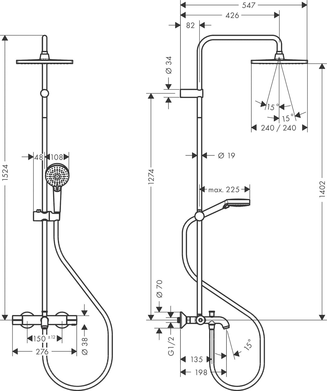 hansgrohe Wannen-Duschsystem Vernis Shape, Brausekopfgrösse 240 x 240 mm, Duschset mit Wannenthermos