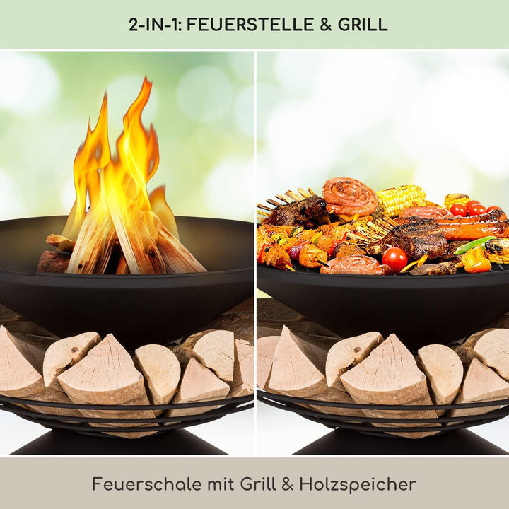 Blumfeldt Feuerschale, Wetterfeste Feuerschale mit Grillrost & Funkenschutz, Stahl-Feuerschalen Klei