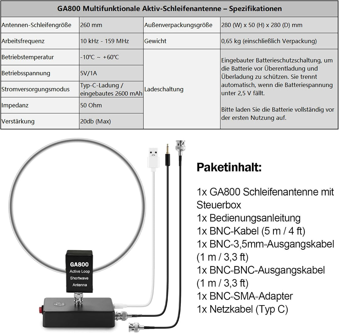 AURSINC GA800 Loop Antenna, Active Shortwave Radio Antenna with BNC Cable 10KHz-159MHz HF for Ham Ra
