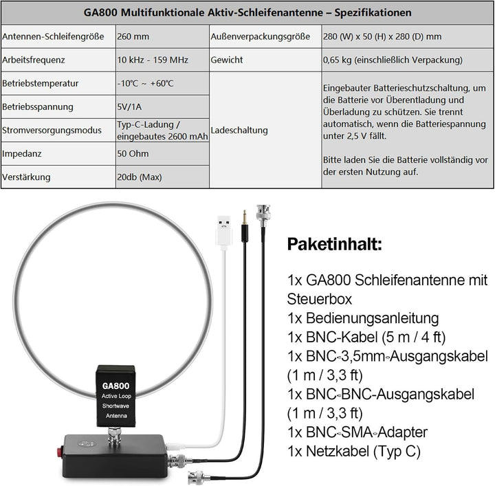 AURSINC GA800 Loop Antenna, Active Shortwave Radio Antenna with BNC Cable 10KHz-159MHz HF for Ham Ra