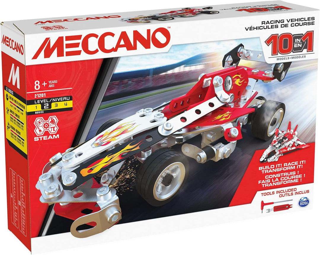 SPIN MASTER 6060104 10-in-1 Racing Vehicles Meccano, 10-in-1-Rennfahrzeuge STEM Modellbausatz mit 22