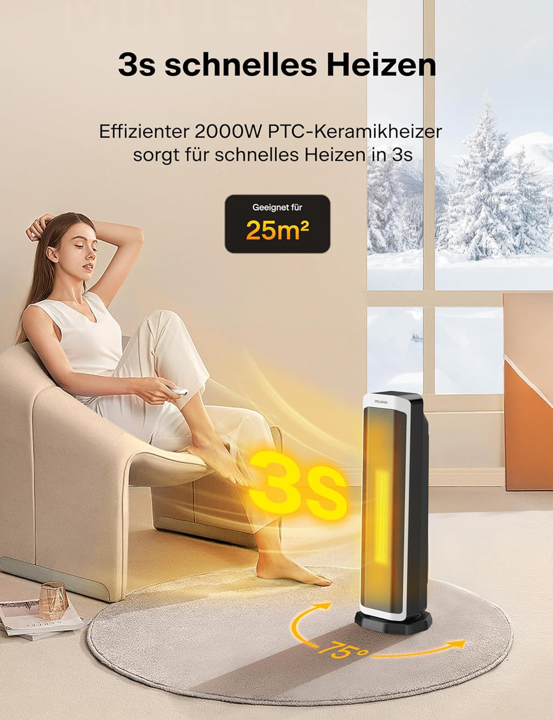 PELONIS Elektrischer Heizlüfter 2000W mit Fernbedienung, 3S Schnellheizung & ECO Modus, 75° Oszillat