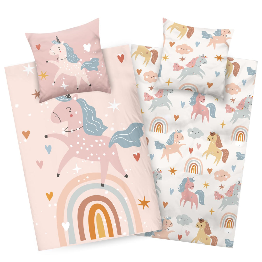 Aminata kids Bettwäsche 135x200 Kinder Mädchen Baumwolle Einhorn beige Wende-Kinder-Bettwäsche-Set R