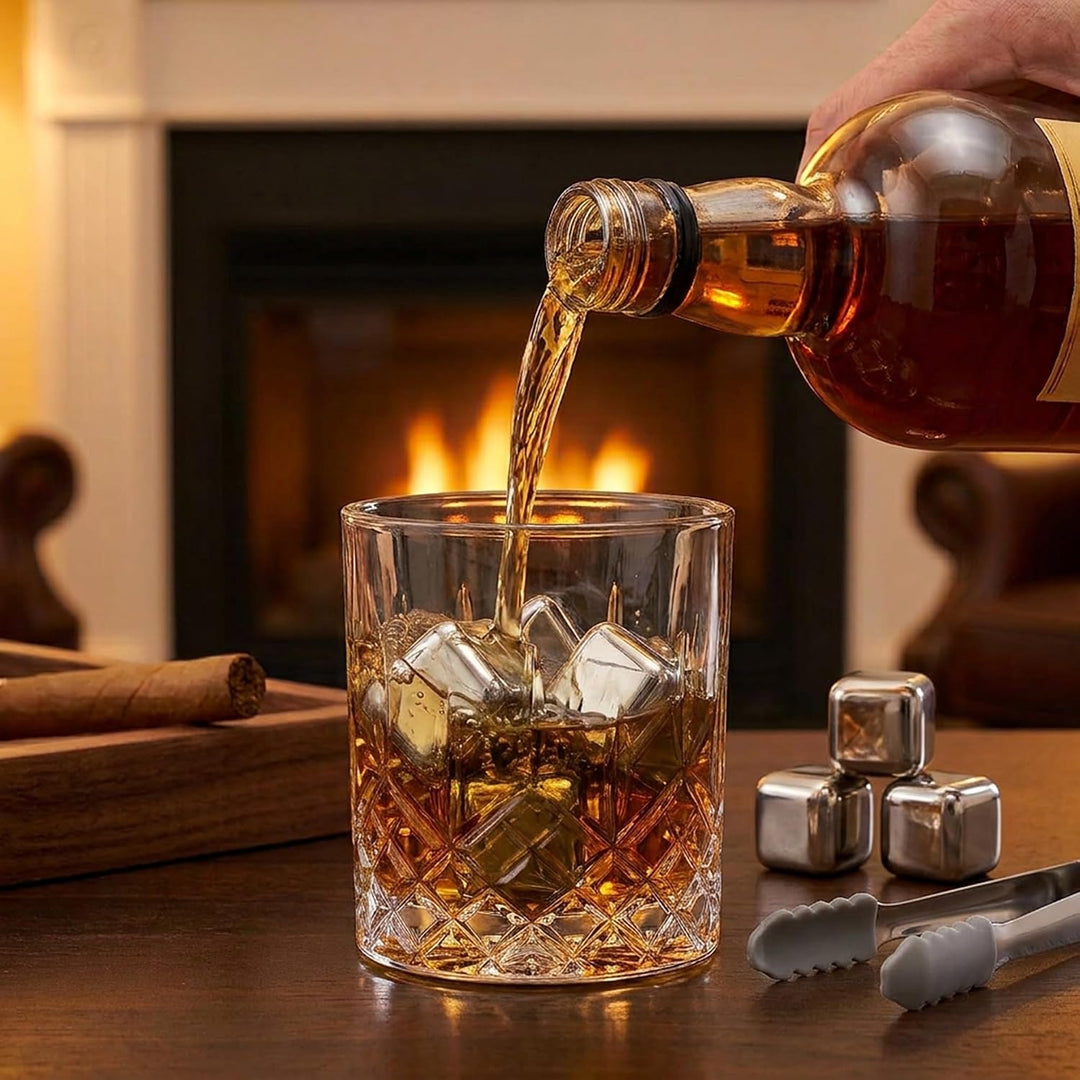 Whisky Steine Set - 8 Wiederverwendbare Edelstahl Eiswürfel, Zange + Stoffbeutel, Whiskey Ice Cubes