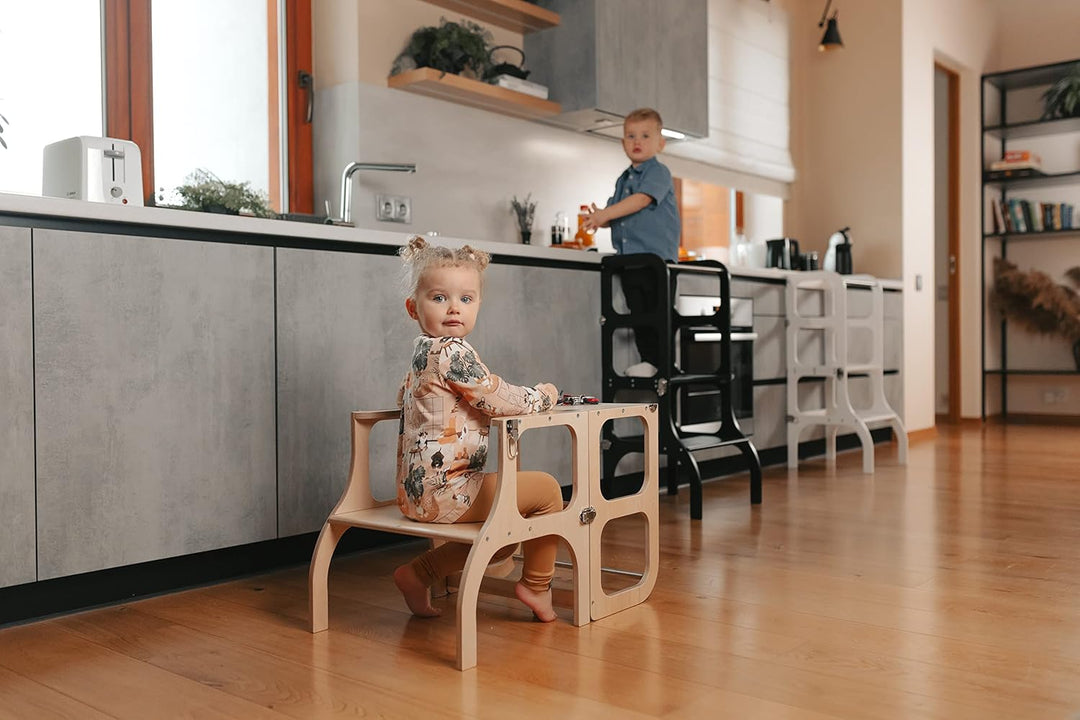 Klappbarer Lernturm mit Sitzfunktion, 45 cm Stehhöhe, Step’n’Sit, Lernturm mit Sitz und Tisch umklap