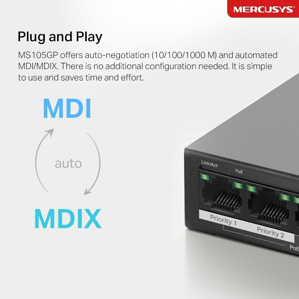 Mercusys MS105GP PoE Switch 5-Port Gigabit LAN Switch mit 4 PoE+ Ports (65 Watt, IEEE-802.3af/at PoE