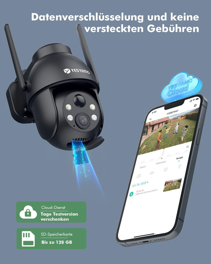 YESYAMO 2K 3MP Überwachungskamera Aussen Solar, 360° PTZ Kamera Aussen Akku | 2.4GHz Kabellos Überwa