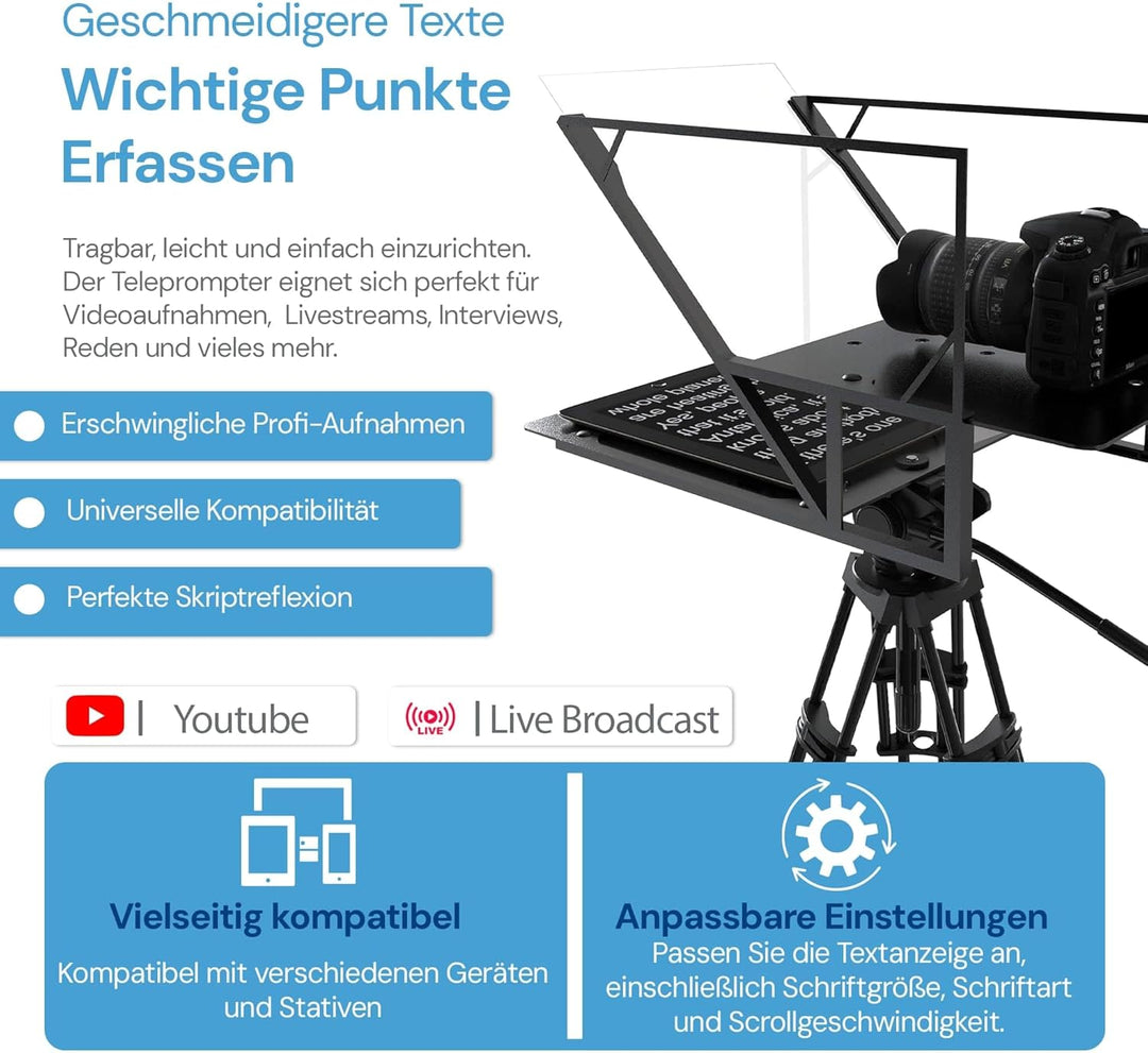 Leeventi Teleprompter 5.0 | inkl. handlicher Fussfernbedienung | Perfekt kompatibel mit Tablets, Sma