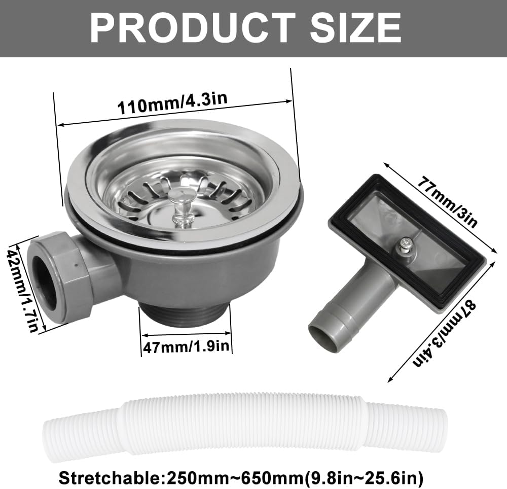 Ablaufgarnitur Spüle 110mm, Abflusssieb Mit überlauf, Edelstahl Siebkorbventil Spülbecken Ablaufgarn