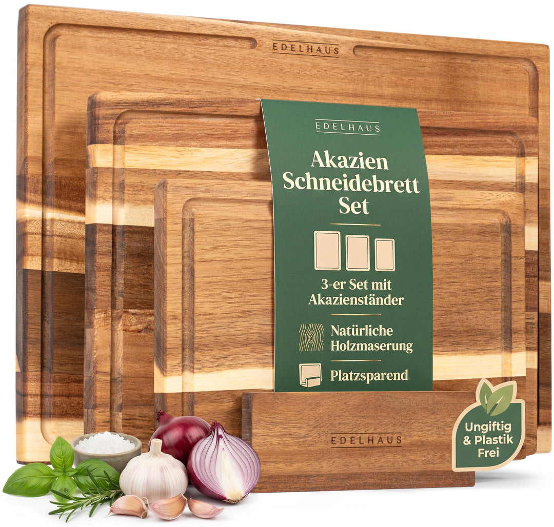 Schneidebrett Holz 3er Set (40x30cm / 33x24cm / 26x18cm) Holzschneidebrett aus Massiver Akazie - 2cm
