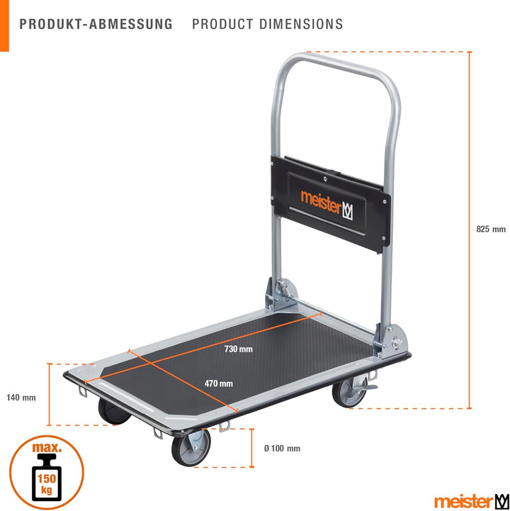 Meister Plattformwagen - Klappbar - Bis 300 kg Tragkraft - Feststellbremse / Transporthilfe mit Lenk