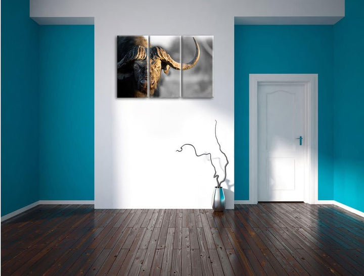 Pixxprint Kaffernbüffel mit kräftigen Hörnern B&W Detail 3-Teiler Leinwandbild 120x80 Bild auf Leinw