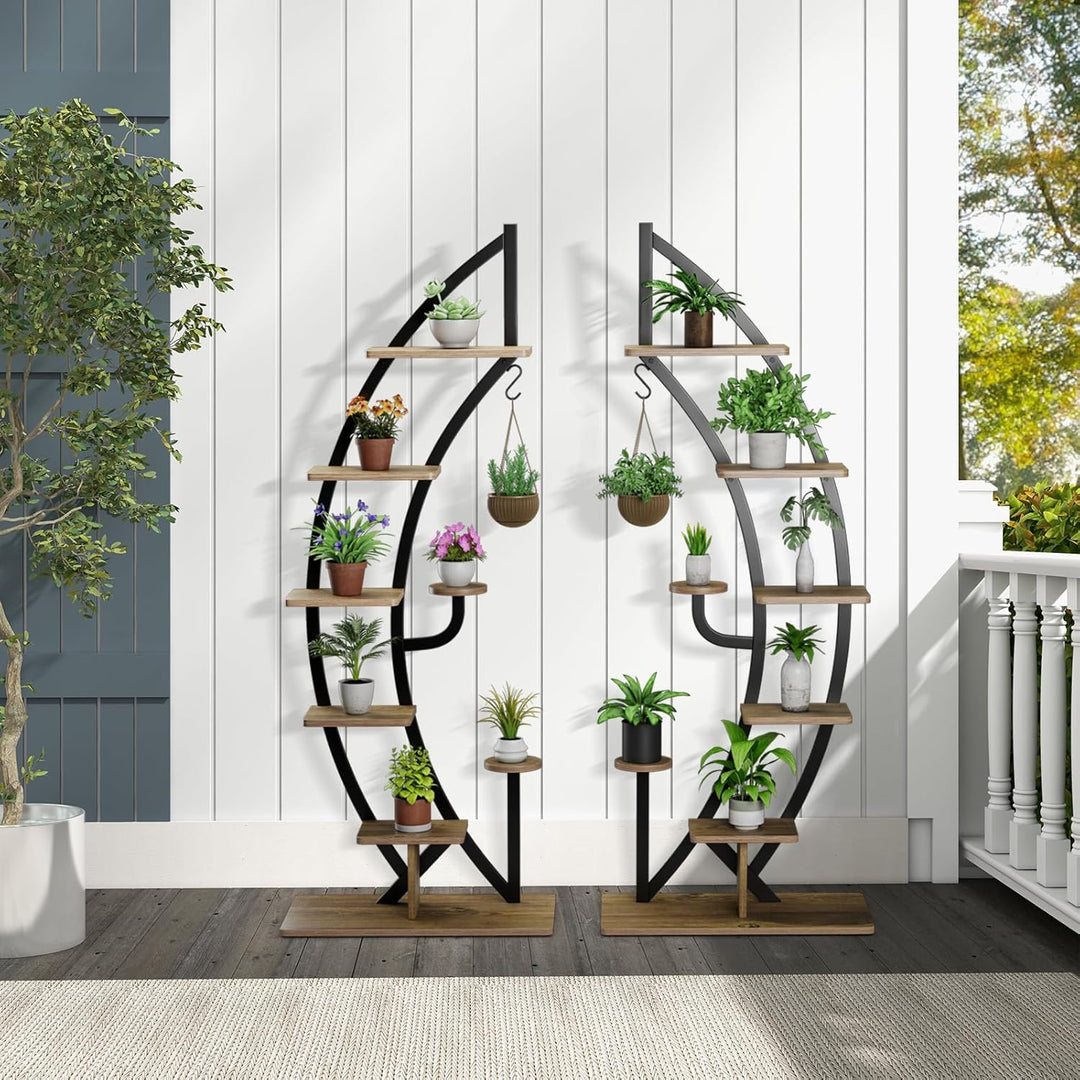 HOMASIS 6 Ebenen Blumenständer aus Metall, Pflanzenregal mit 7 Ablagen & 1 Haken, elegante Halbmondf
