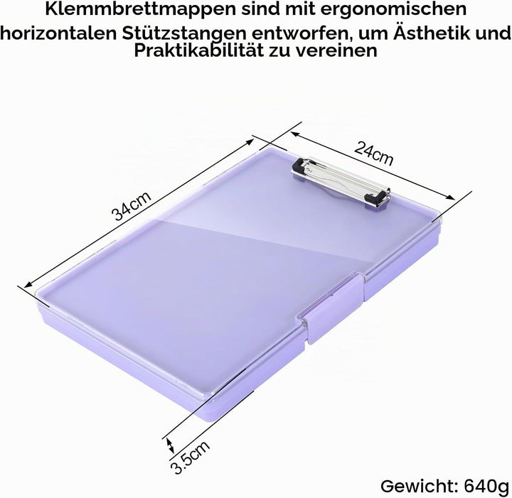 Klemmbrett a4 mit Aufbewahrungsfach, Lila Kunststoff-Klemmbrett, Leichtes Zwischenablage, Tragbares