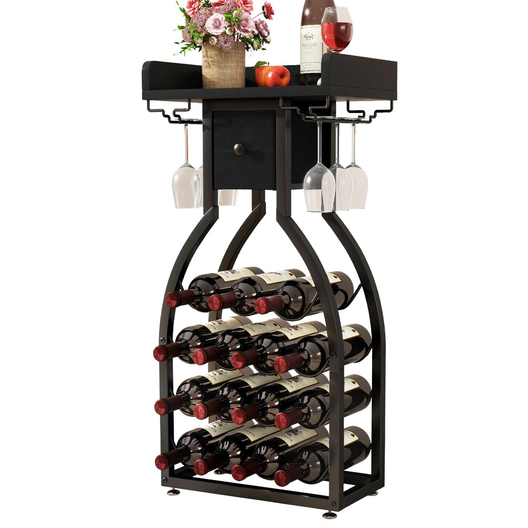IBUYKE Weinregal Freistehend für 15 Flaschen,Flaschenregal mit Glashaltern und Speicher Schublade,Mi
