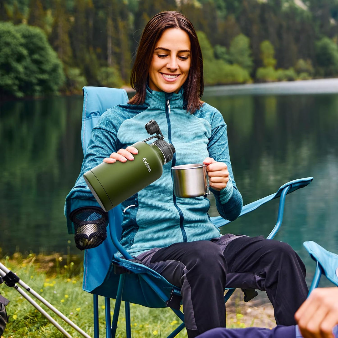 Exllena 2 Liter Edelstahl Wasserflasche, doppelt isolierte Wasserflaschen mit zwei Deckeln und schüt