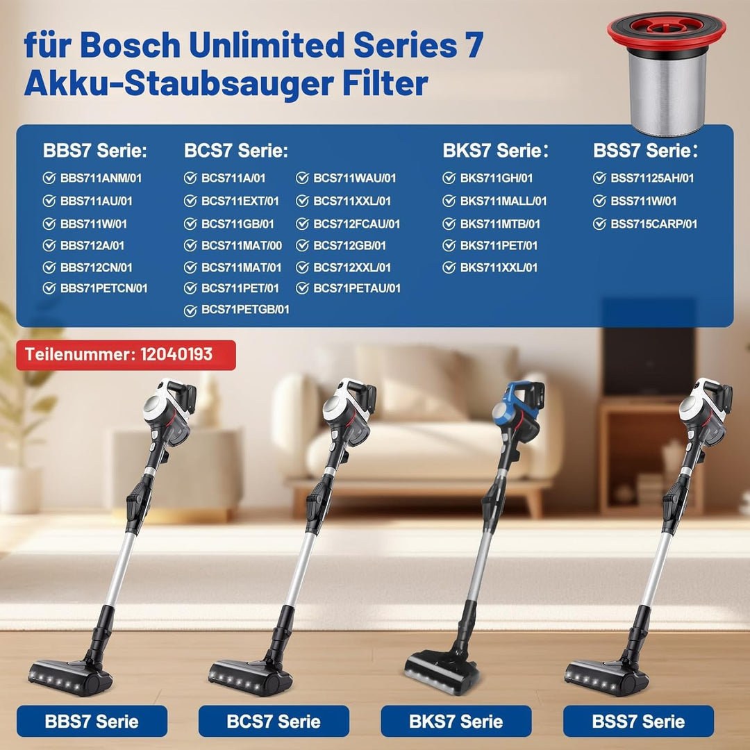 12040193 4er-Pack waschbare Filter für Bosch Unlimited Serie 7 schnurlosen Staubsauger BKS711XXL BBS