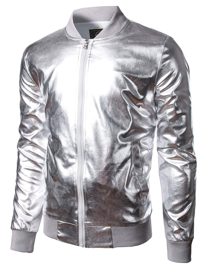JOGAL Herren Metallic Nachtclub Reissverschluss Baseball Bomber Jacke XXL Silber, XXL Silber